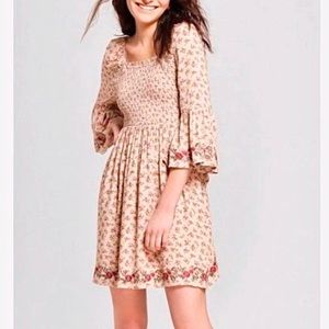 Xhilaration Women's Nude Floral Print 3/4 Bell Sleeve Smocked Dress